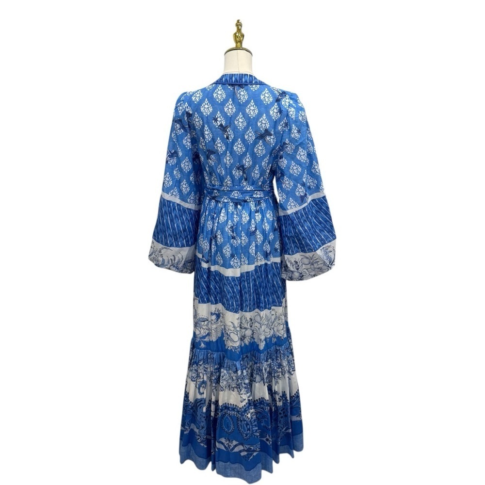 A Loves A Border Print Mandarin Collar Long Sleeve Button Front/Tie Maxi Dress - Picture 8 of 12